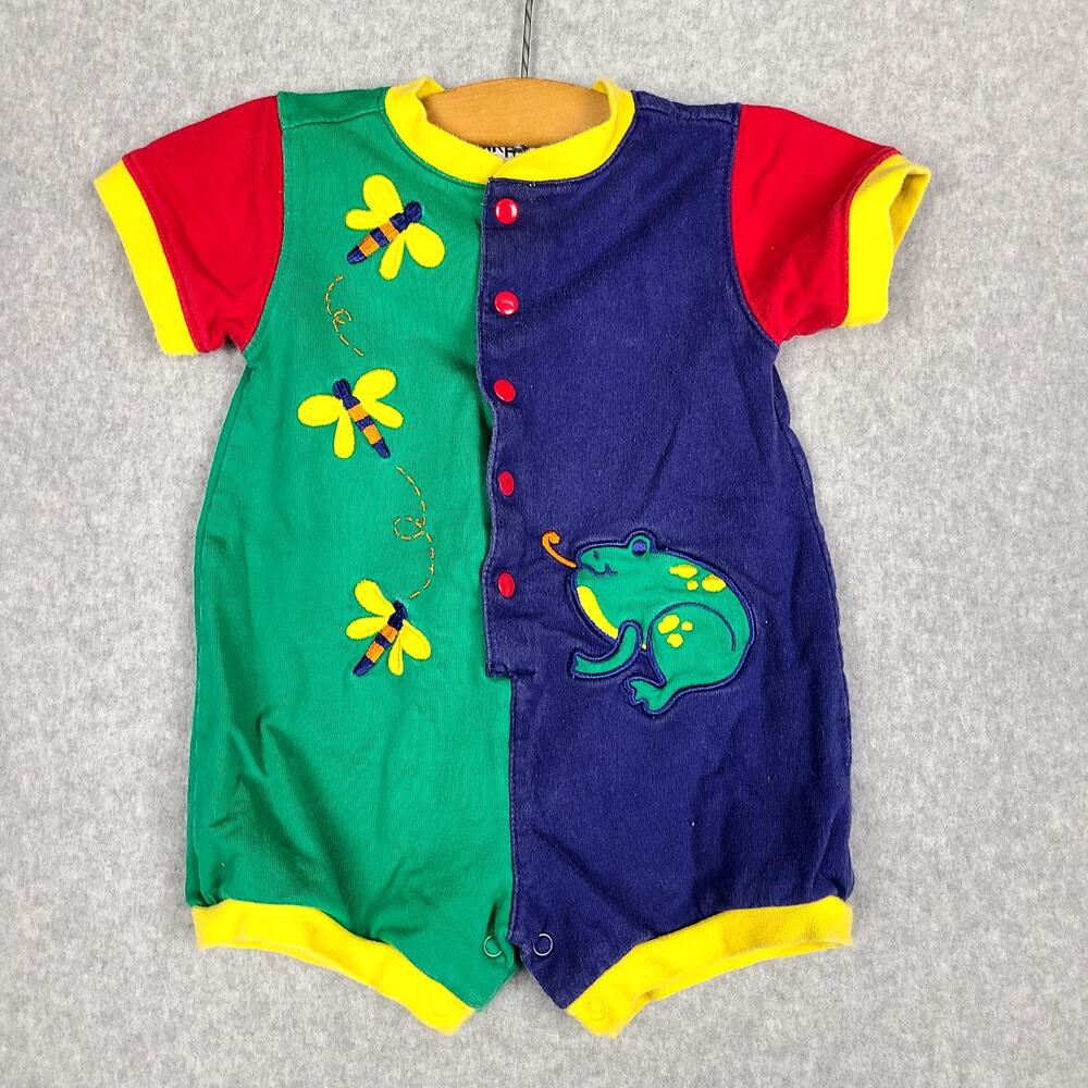 Retro 90s Baby Romper 6 mo POLKATOTS Frog & Bugs Colorful 100% Cotton One Piece